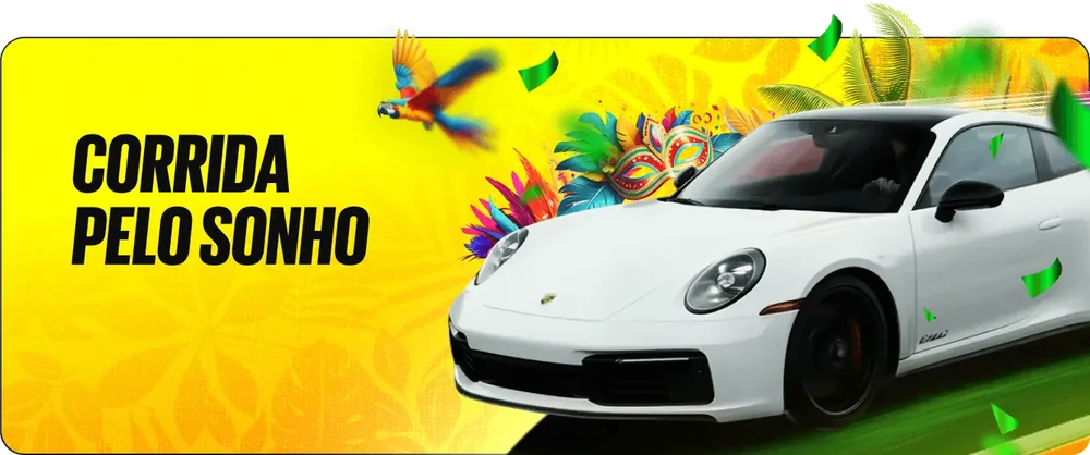 Banner «Corrida pelo Sonho» com carro esportivo branco, arte do site oficial