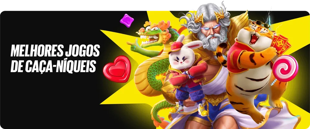 Banner promocional de slots com personagens de jogos, arte do site oficial