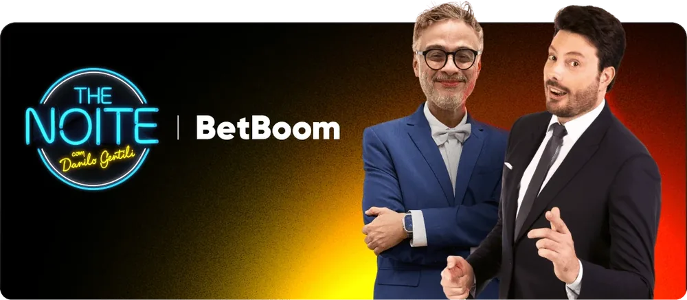 Banner com dois apresentadores e o logotipo «The Noite» ao lado da marca BetBoom