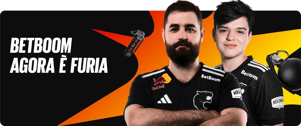 Dois jogadores com a camisa da FURIA, com o logotipo da BetBoom, ao lado do texto «BetBoom agora è FURIA»