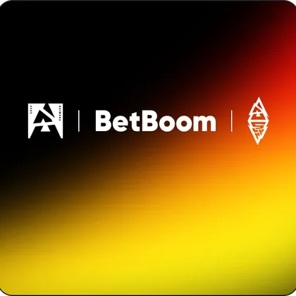 Logotipo da BetBoom entre dois emblemas, arte do site oficial