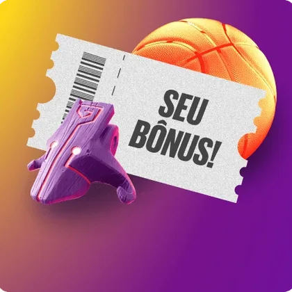 Cupom roxo com a frase «Seu bônus!», arte do MarketBoom