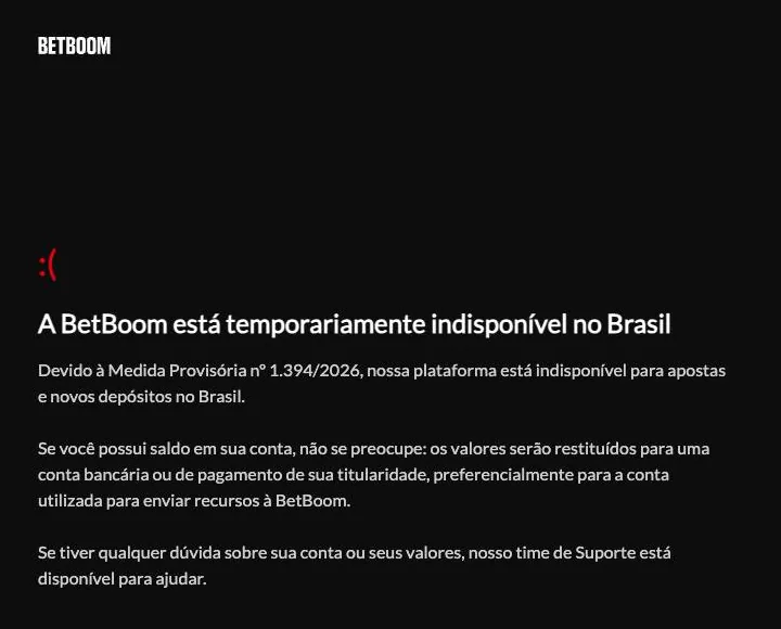 Captura do site oficial da BetBoom em 09/10/2026 Aviso do site da BetBoom sobre indisponibilidade no Brasil e restituição de saldo