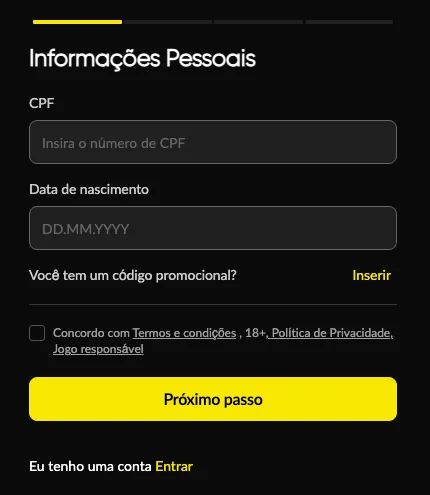 Etapa Informações Pessoais do cadastro BetBoom com campos de CPF e data de nascimento