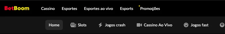 Menu principal do site oficial com o submenu do cassino: Home, Slots, Jogos crash, Cassino Ao Vivo e Jogos fast