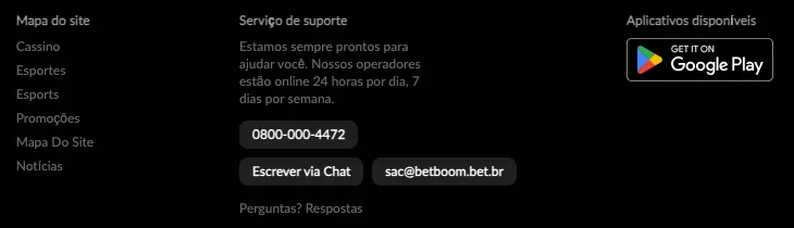 Rodapé do site da BetBoom com telefone, chat e e-mail de suporte