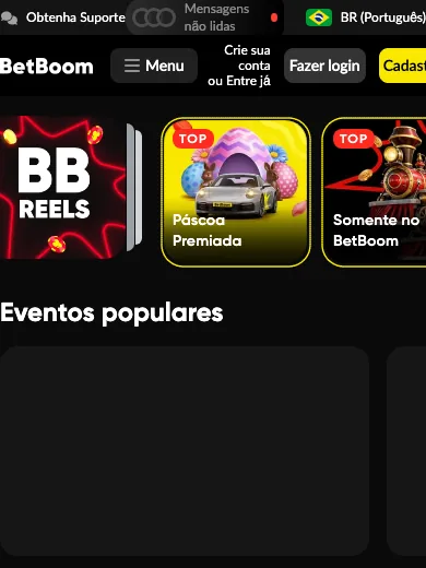 Versão do site BetBoom no celular com menu, botão de login e lista de histórias